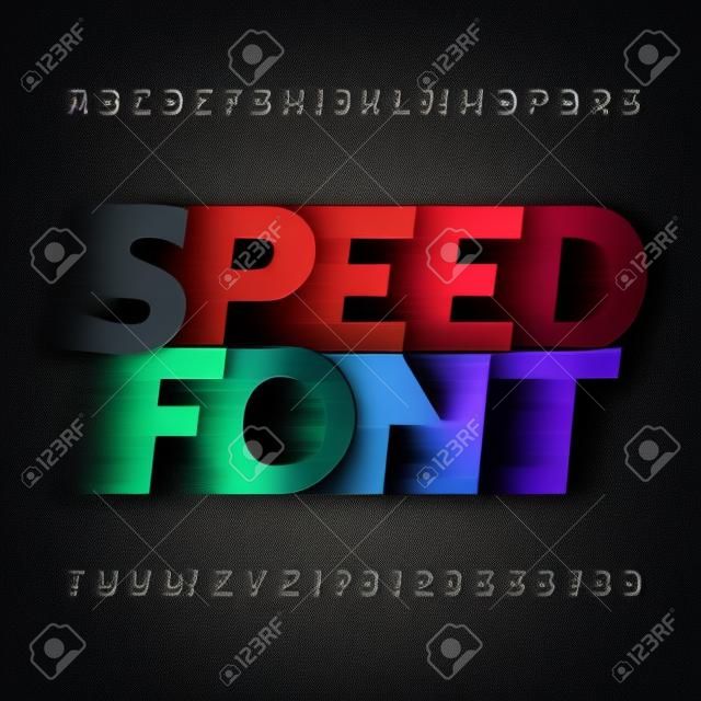 Speed ??alphabet font. Wind effect type letters and numbers on a dark background. Vector typeface for your design.