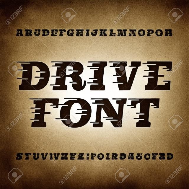 Drive alfabet vector lettertype. Wind effect letters en cijfers. Vintage gespannen vector typeface voor uw ontwerp.