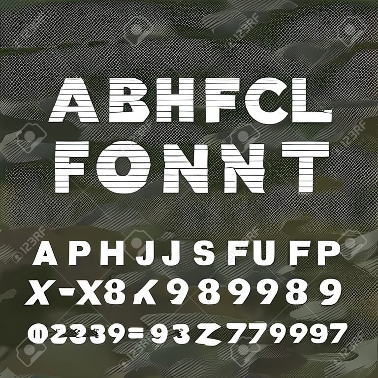 Stencil alphabet font. Type letters and numbers on distressed camo background. Vector typography for your design.