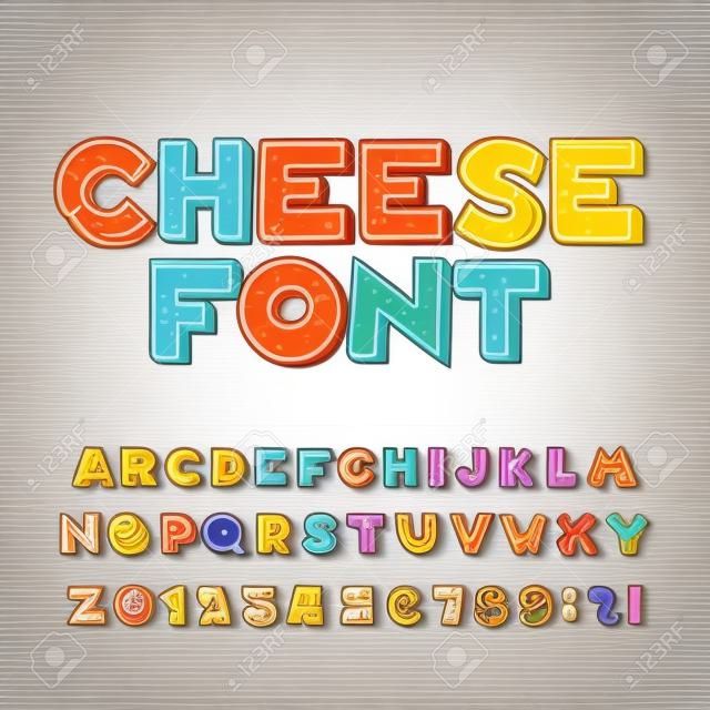 卡通奶酪字母字体。键入字母，数字，符号。您的设计的储蓄传染媒介字体。