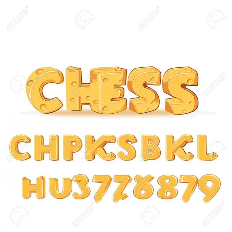 Carattere alfabeto di formaggio di cartone animato. Digitare lettere, numeri, simboli. Libro di testo vettoriale di riserva per il tuo disegno.