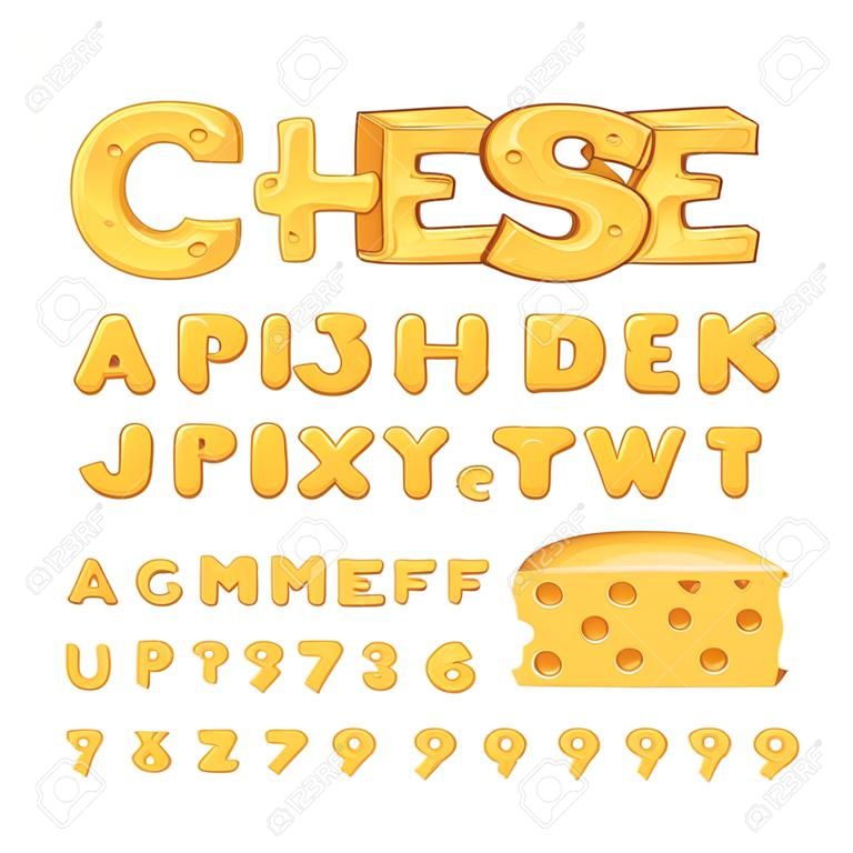 Police de l'alphabet de fromage de dessin animé. Tapez des lettres, des chiffres, des symboles. Caractère de vecteur de stock pour votre conception.