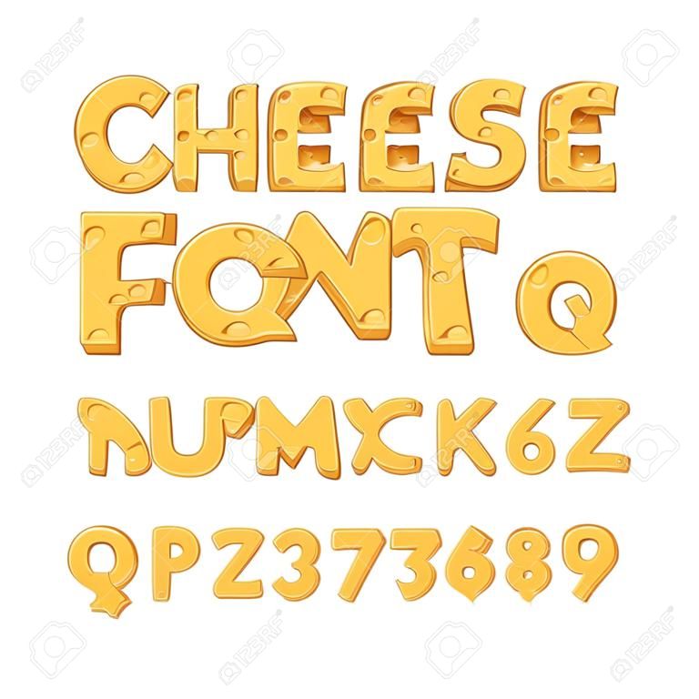 Carattere alfabeto di formaggio di cartone animato. Digitare lettere, numeri, simboli. Libro di testo vettoriale di riserva per il tuo disegno.