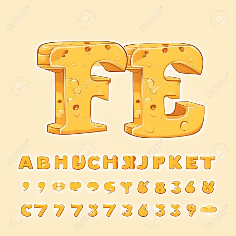 Cartoon cheese alphabet font. Type letters, numbers, symbols. Stock vector typeface for your design.