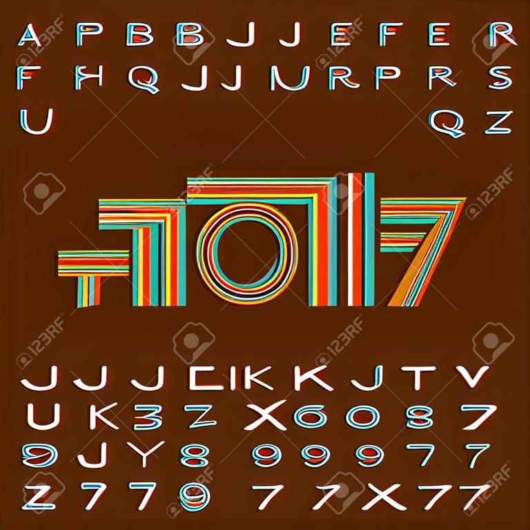 Retro stripe alphabet font. Funky type letters and numbers in 70's style. Vector typeface for your headers or any typography design.