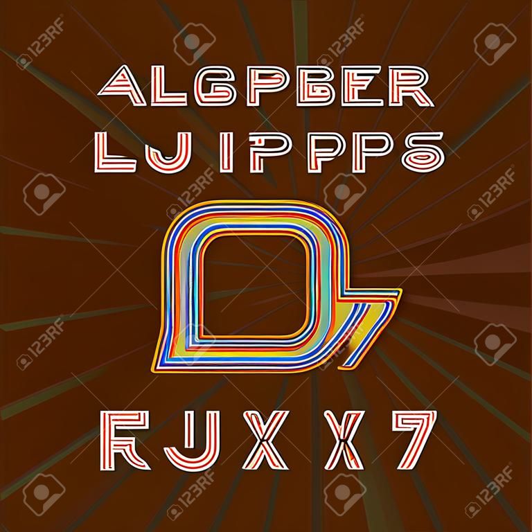 Retro stripe alphabet font. Funky type letters and numbers in 70's style. Vector typeface for your headers or any typography design.
