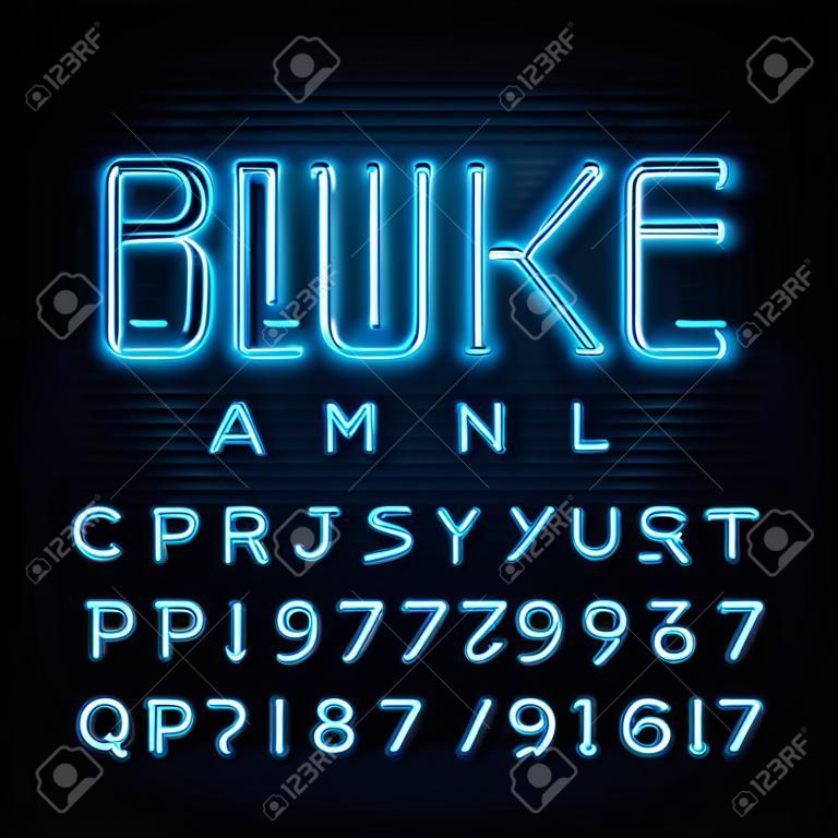 Blue neon tube alfabet lettertype. Neon kleur letters en cijfers. Stock vector typeset voor uw headers of een typografie ontwerp.
