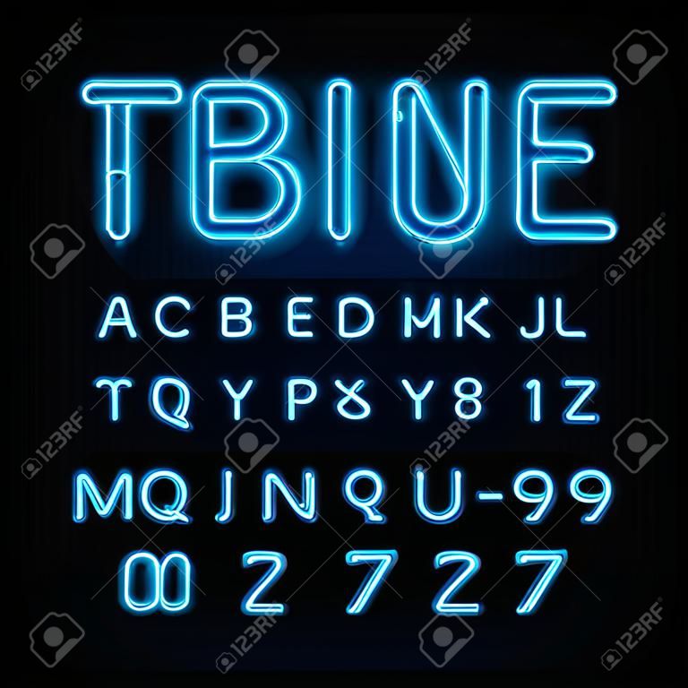 Blue neon tube alfabet lettertype. Neon kleur letters en cijfers. Stock vector typeset voor uw headers of een typografie ontwerp.