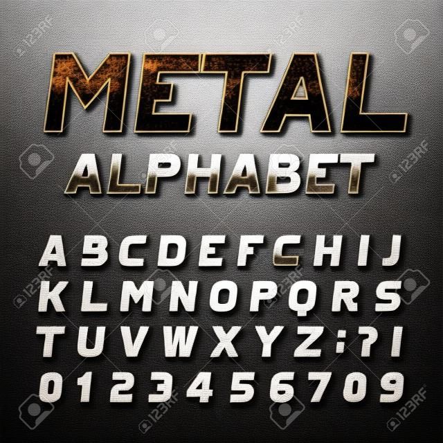 Metal effect alphabet font. Steel numbers, symbols and letters. Stock vector typeset for any typography design.