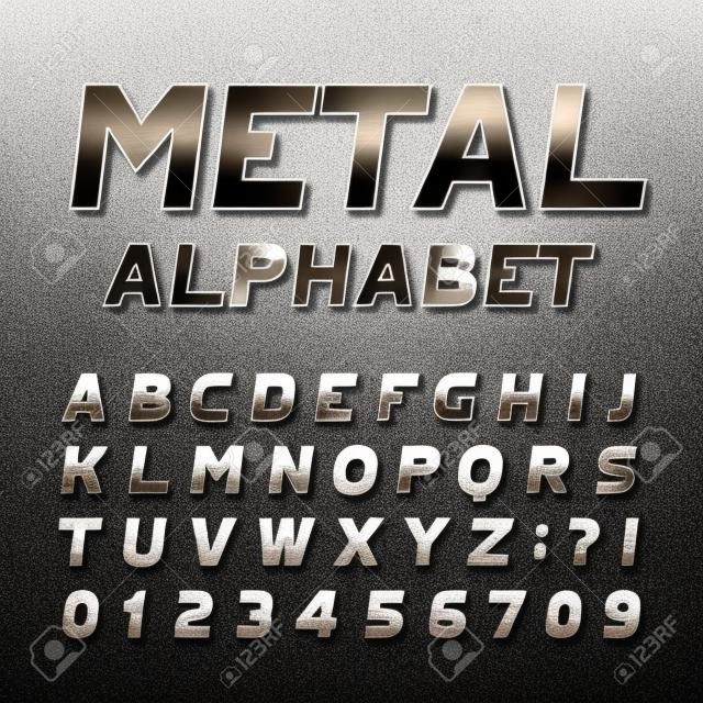 Carattere alfabeto effetto metallo. Numeri, simboli e lettere in acciaio. Vettore stock composto per qualsiasi disegno tipografico.