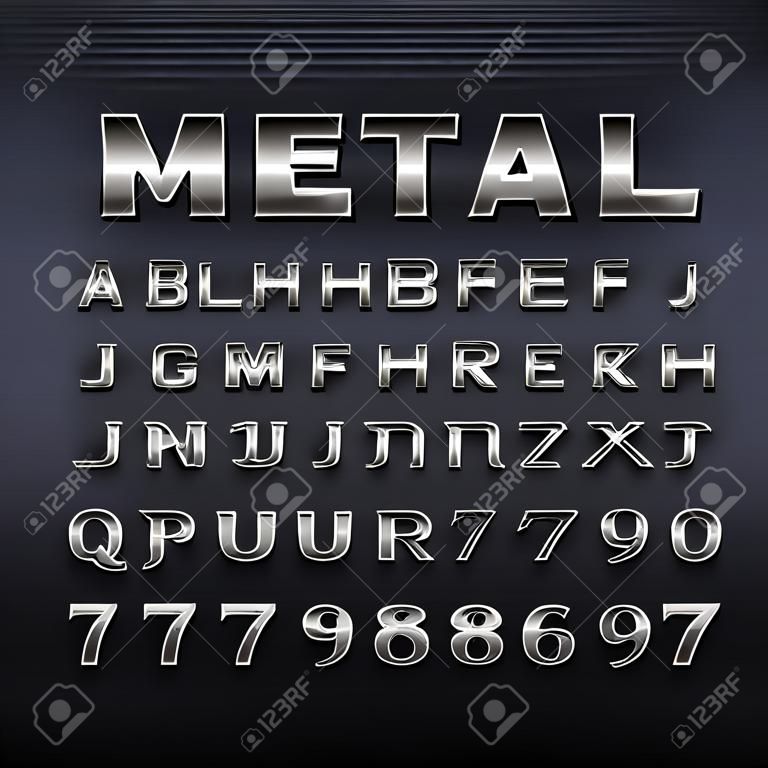 Czcionka alfabetu metaliczny efekt. Cyfry stalowe, symbole i litery. Skład wektorów dla każdego projektu typografii.