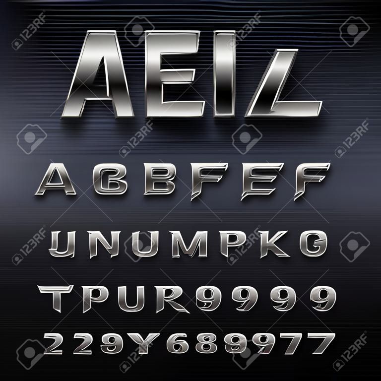 Carattere alfabeto effetto metallo. Numeri, simboli e lettere in acciaio. Vettore stock composto per qualsiasi disegno tipografico.