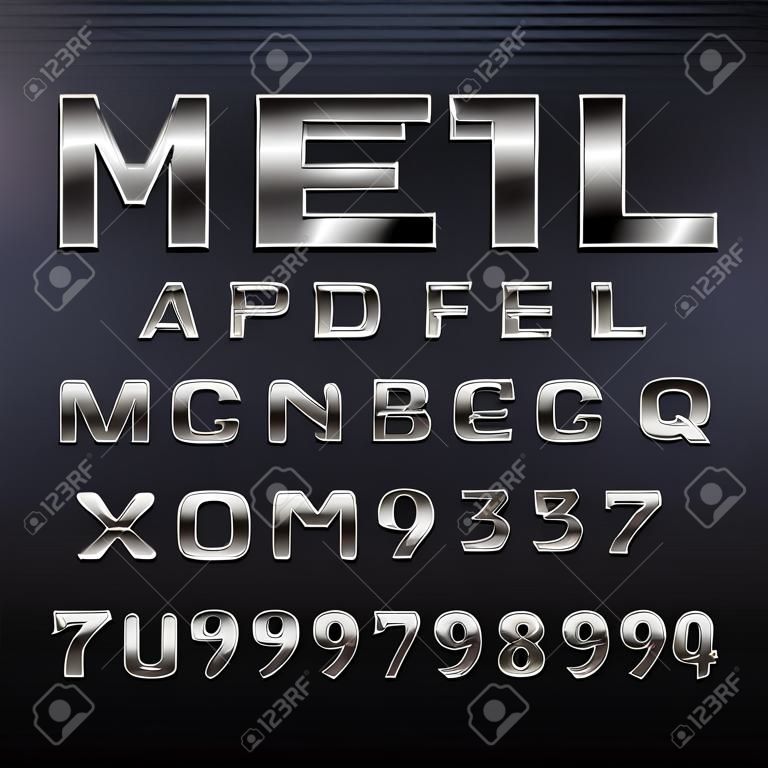 금속 효과 알파벳 글꼴입니다. 강철 숫자, 기호 및 문자. 모든 타이포그래피 디자인을위한 스톡 벡터 조판.
