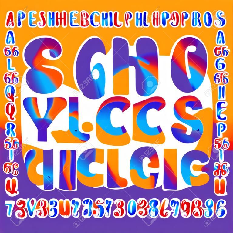 Fonte tipografica di vettore di alfabeto psichedelico. Lettere e numeri disegnati a mano in stile hippy degli anni '60. Carattere tipografico vettoriali stock per il vostro disegno.