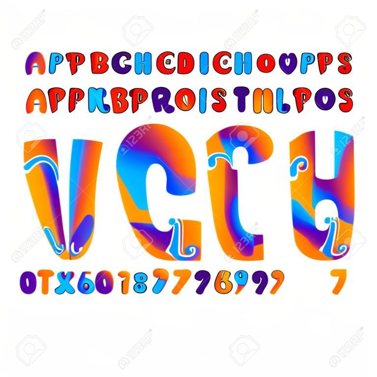 Fuente de vector alfabeto psicodélico. Dibujado a mano letras y números en estilo hippy de los años 60. Tipografía vector stock para su diseño.