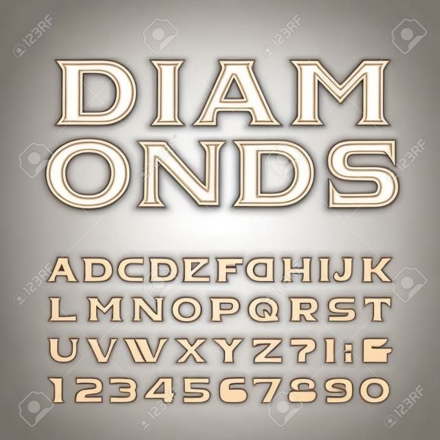 Fuente del alfabeto de diamantes. Letras y números serif biselados de lujo. Tipografía de stock vector para cualquier diseño de tipografía.