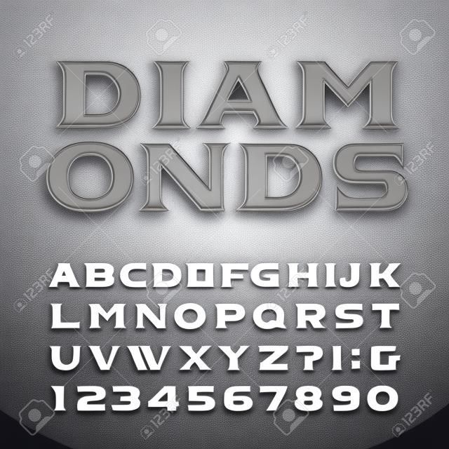 Fuente del alfabeto de diamantes. Letras y números serif biselados de lujo. Tipografía de stock vector para cualquier diseño de tipografía.