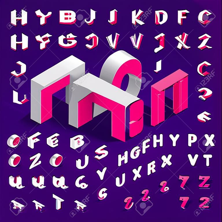 Isometric alphabet font. Three-dimensional effect letters and numbers. Stock vector typography for your design.