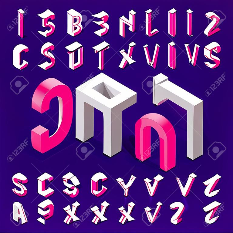 Isometric alphabet font. Three-dimensional effect letters and numbers. Stock vector typography for your design.
