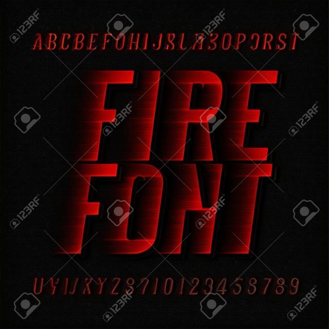Fire alphabet font speed effect type letters and numbers on black background. Stock vector typeset.