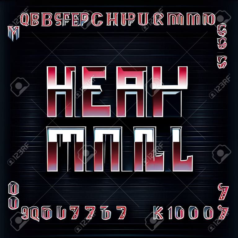 Heavy metal alphabet font. Metal effect beveled letters, numbers and symbols. Stock vector typescript for your design.