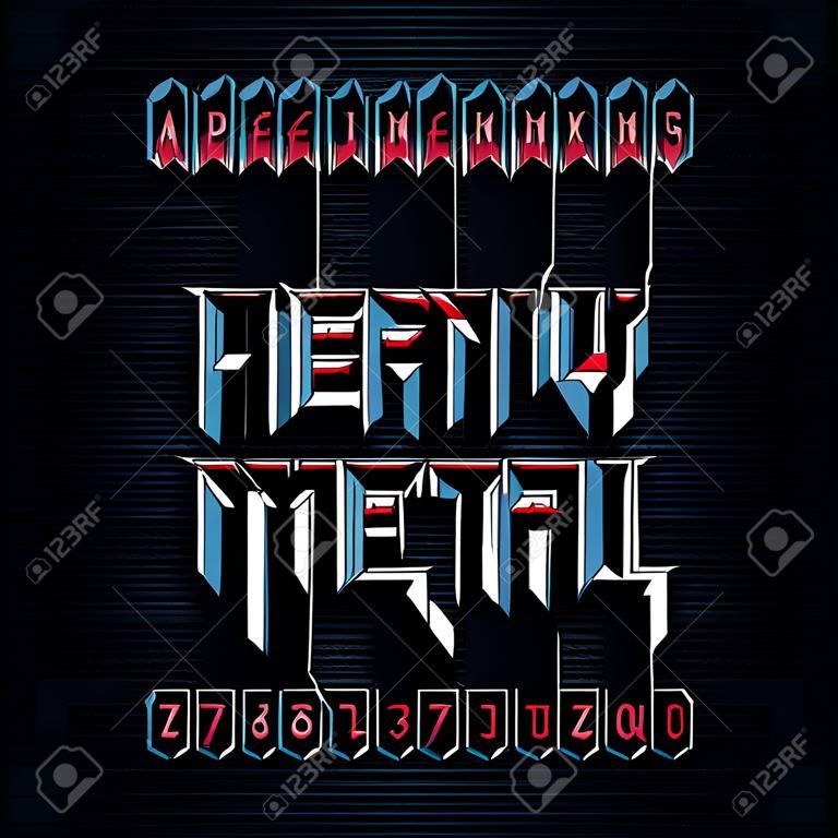 Fuente del alfabeto de heavy metal. Efecto metálico letras, números y símbolos biselados. Stock vector mecanografiado para su diseño.