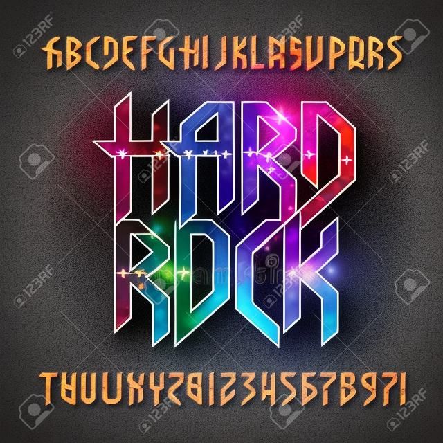 Hard rock alfabeto fonte. Efeito de metal chanfrou letras coloridas, números e símbolos. Tipo de vetor de estoque typescript para o seu design.