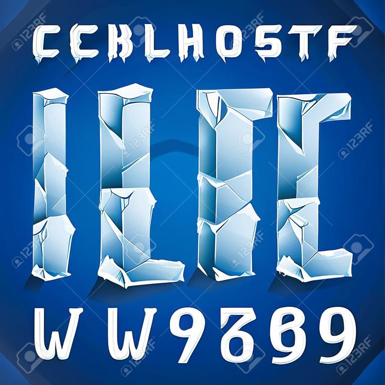 氷のアルファベットフォント。青い背景に固定された文字と数字。文字体裁設計用のストックベクトルタイプスクリプト。