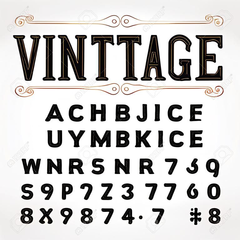 Vintage krój pisma. Porysowane litery, cyfry i symbole w stylu retro. Wektor alfabet do projektowania typografii.