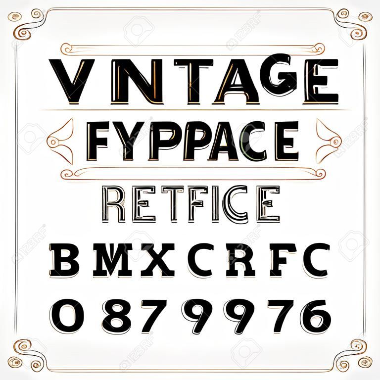 Vintage-Schrift. Zerkratzte Retro-Buchstaben, Zahlen und Symbole. Vektoralphabet für Ihr Typografiedesign.
