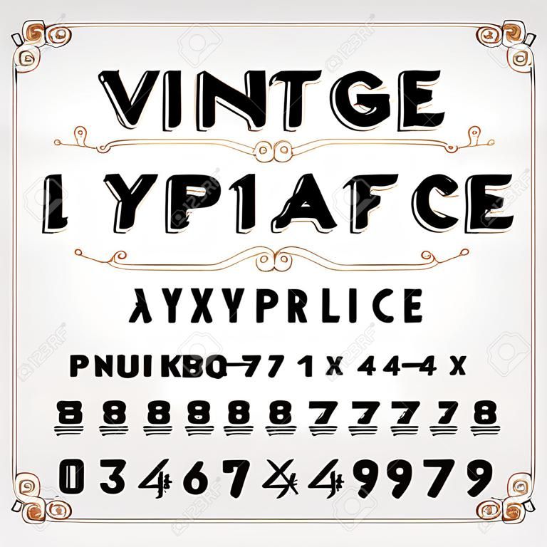Police d'époque. Lettres, chiffres et symboles rétro rayés. Alphabet vectoriel pour votre conception de typographie.