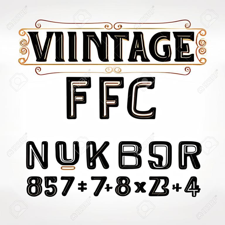 Carattere tipografico vintage. Lettere, numeri e simboli retrò graffiati. Alfabeto vettoriale per il tuo design tipografico.