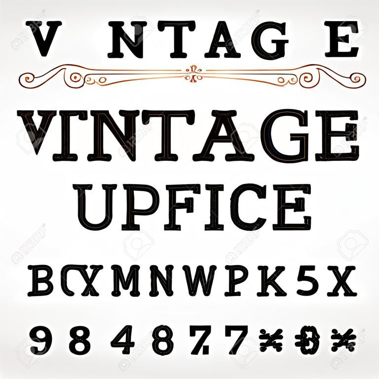 Vintage krój pisma. Porysowane litery, cyfry i symbole w stylu retro. Wektor alfabet do projektowania typografii.