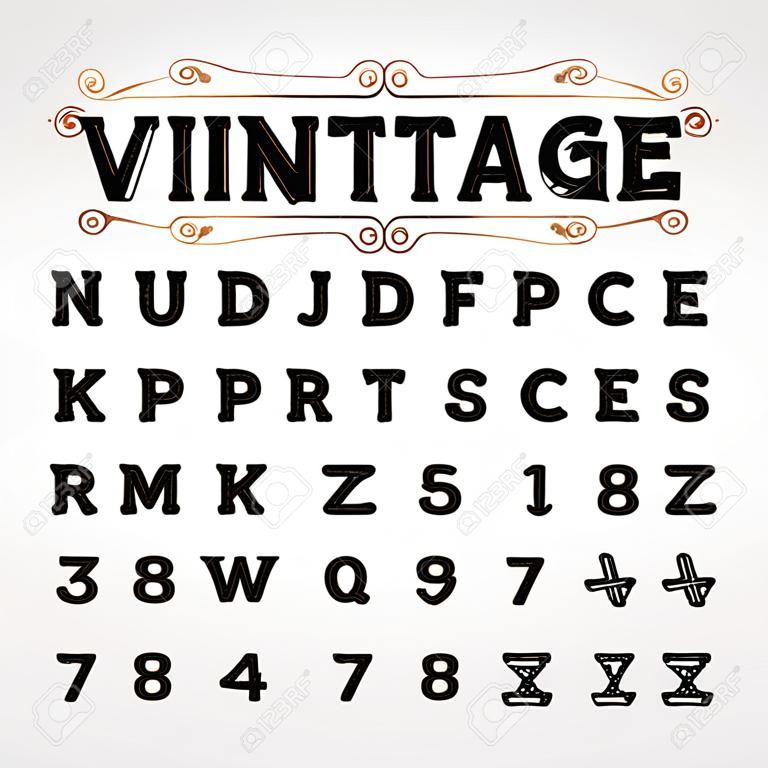 빈티지 서체입니다. 긁힌 복고풍 문자, 숫자 및 기호. 타이포그래피 디자인을 위한 벡터 알파벳입니다.
