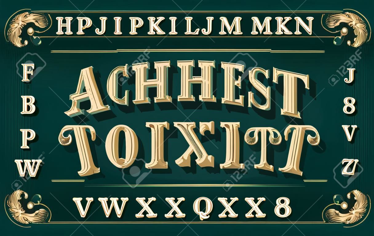 Vintage 3D alphabet font. Ornate retro letters and numbers. Vector typeface for your typography design.