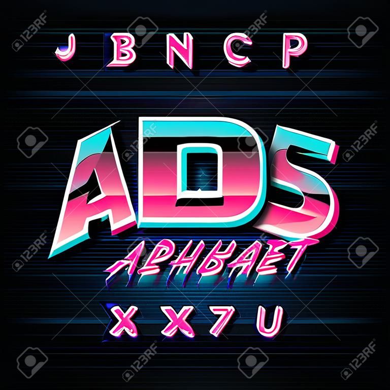 80s Retro alphabet font. Shiny letters and numbers on dark background. Stock vector typescript for your typography in retro 80s style.