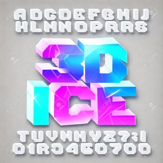 Carattere alfabeto ghiaccio 3D. Lettere e numeri congelati. Carattere tipografico vettoriali stock per il tuo design tipografico.