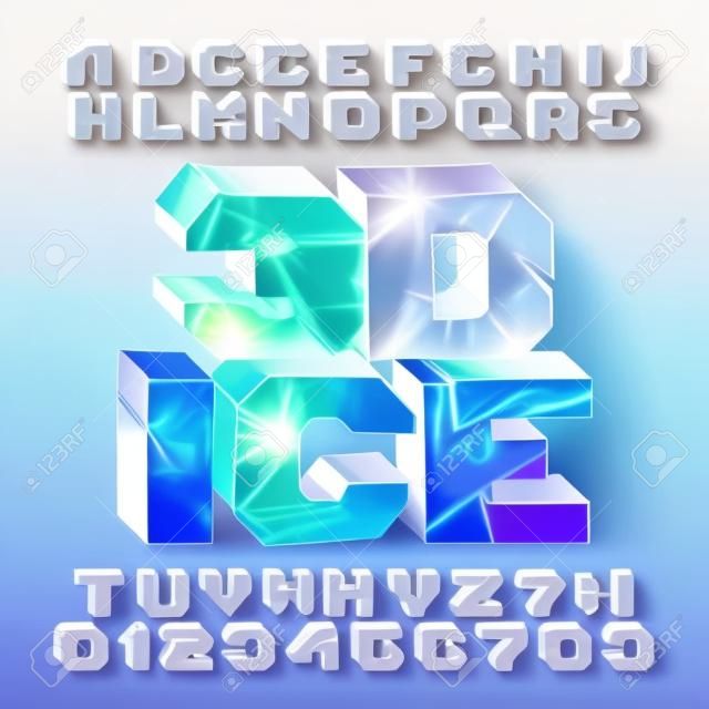 Fuente de alfabeto de hielo 3D. Letras y números congelados. Tipografía vectorial de stock para su diseño de tipografía.