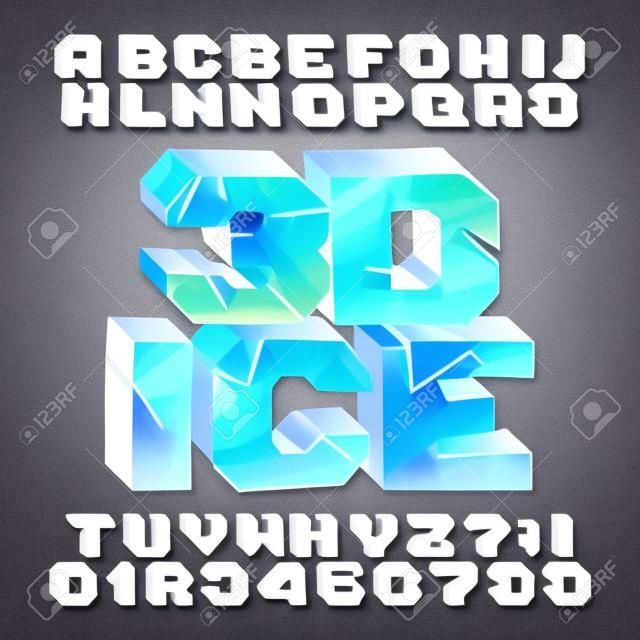 3D 얼음 알파벳 글꼴입니다. 얼어붙은 문자와 숫자. 타이포그래피 디자인을 위한 스톡 벡터 서체입니다.