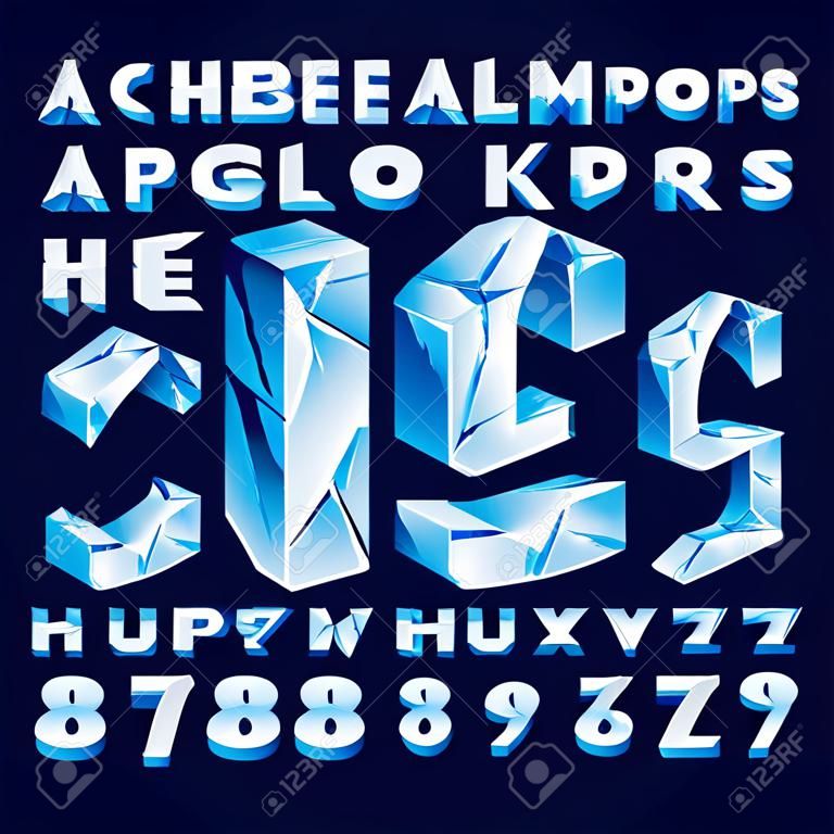 3D czcionki alfabetu lodu. Zamrożone litery i cyfry. Wektor krój pisma do projektowania typografii.