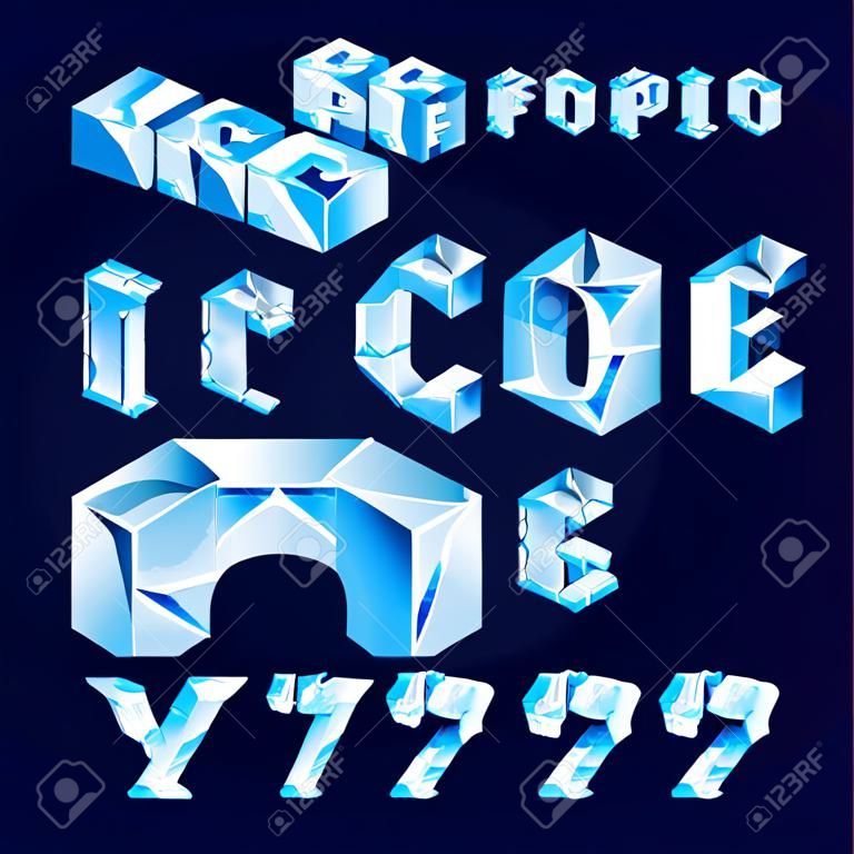 Carattere alfabeto ghiaccio 3D. Lettere e numeri congelati. Carattere tipografico vettoriali stock per il tuo design tipografico.