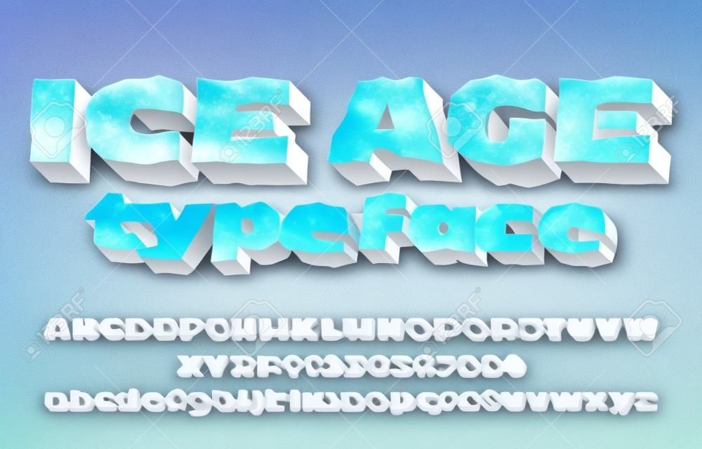 Ice Age alphabet typeface. 3D ice letters and numbers. Uppercase and lowercase. Stock vector font for your typography design.