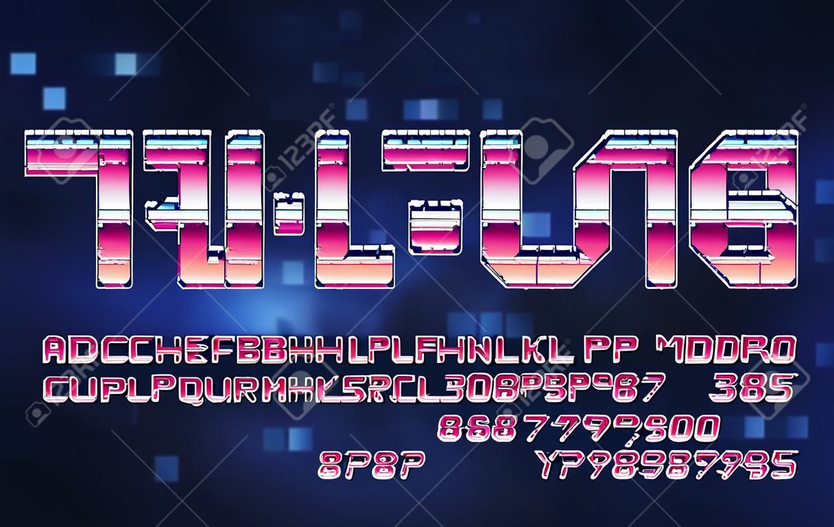 Pixel-80アルファベットフォント。デジタルグラデーションの文字と数字。抽象的なピクセルの背景。 80年代のアーケードビデオゲームのタイプスクリプト。