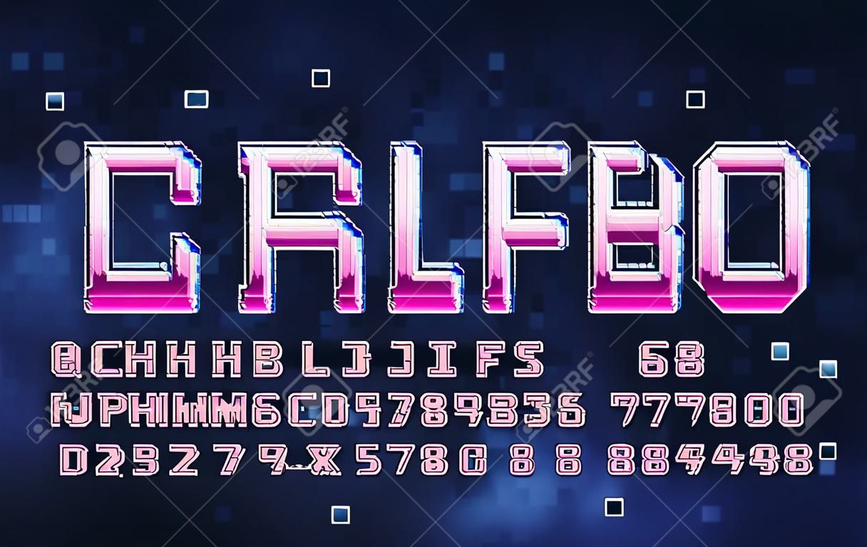 Pixel-80アルファベットフォント。デジタルグラデーションの文字と数字。抽象的なピクセルの背景。 80年代のアーケードビデオゲームのタイプスクリプト。