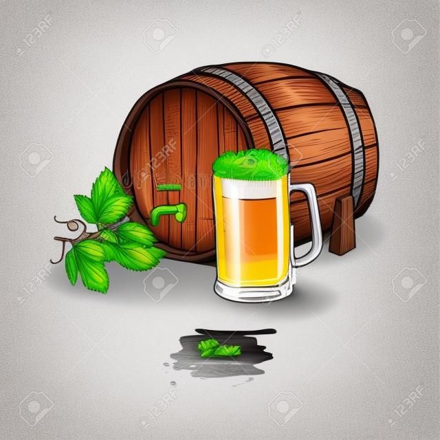ホップとガラスのマグカップとビール樽。スタイルのベクトル図をスケッチします。手は、白い背景で分離飲料オブジェクトを描画します。アルコール飲料を描画します。レストラン、バー、パブのメニューのオクトーバーフェストのために大きい