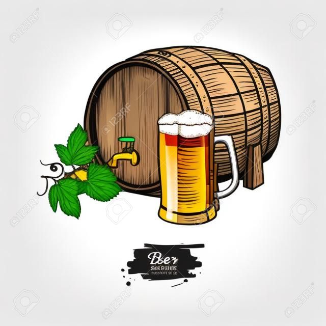 ホップとガラスのマグカップとビール樽。スタイルのベクトル図をスケッチします。手は、白い背景で分離飲料オブジェクトを描画します。アルコール飲料を描画します。レストラン、バー、パブのメニューのオクトーバーフェストのために大きい