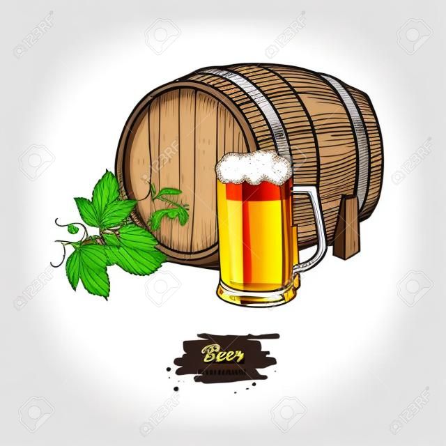 Beer barrel with hop and glass mug. Sketch style vector illustration. Hand drawn isolated beverage object on white background. Alcoholic drink drawing. Great for restaurant, bar, pub menu, oktoberfest