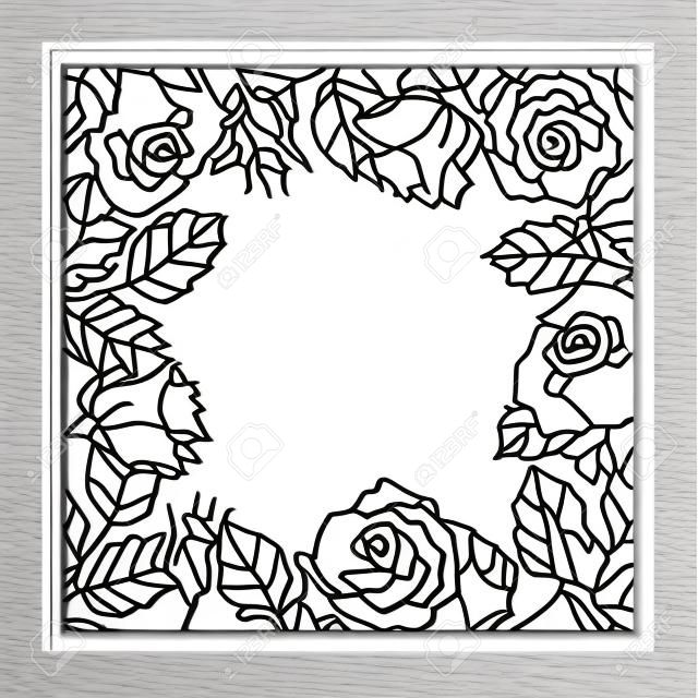 Laser cut vector rose square frame Cutout pattern silhouette with flower and leaves Die cut paper element for wedding invitations, save the date, greeting card. Square botanical cutting template panel
