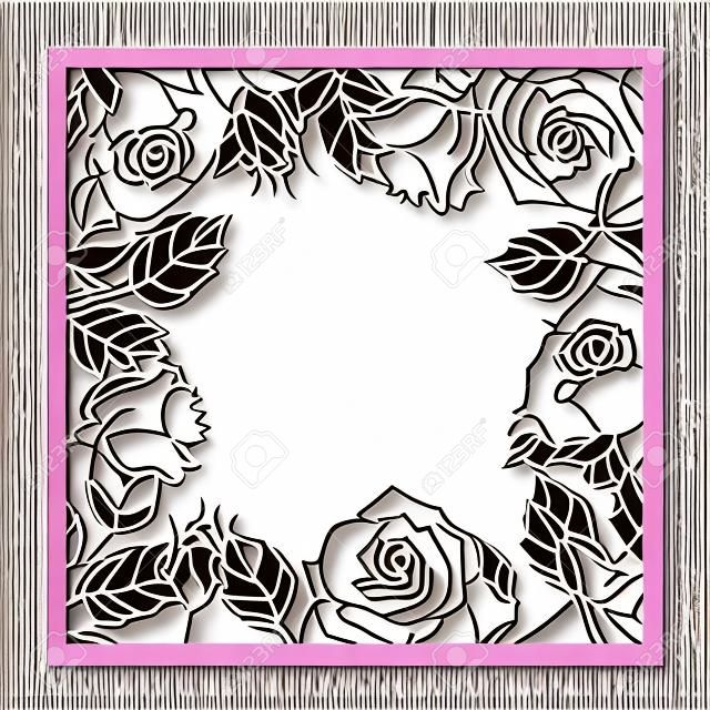 Vector de corte láser marco cuadrado rosa Silueta de patrón de recorte con flores y hojas Elemento de papel troquelado para invitaciones de boda, guardar la fecha, tarjeta de felicitación. Panel cuadrado de plantilla de corte botánico