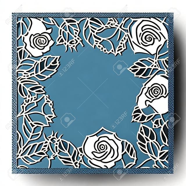 Laser cut vector rose square frame Cutout pattern silhouette with flower and leaves Die cut paper element for wedding invitations, save the date, greeting card. Square botanical cutting template panel